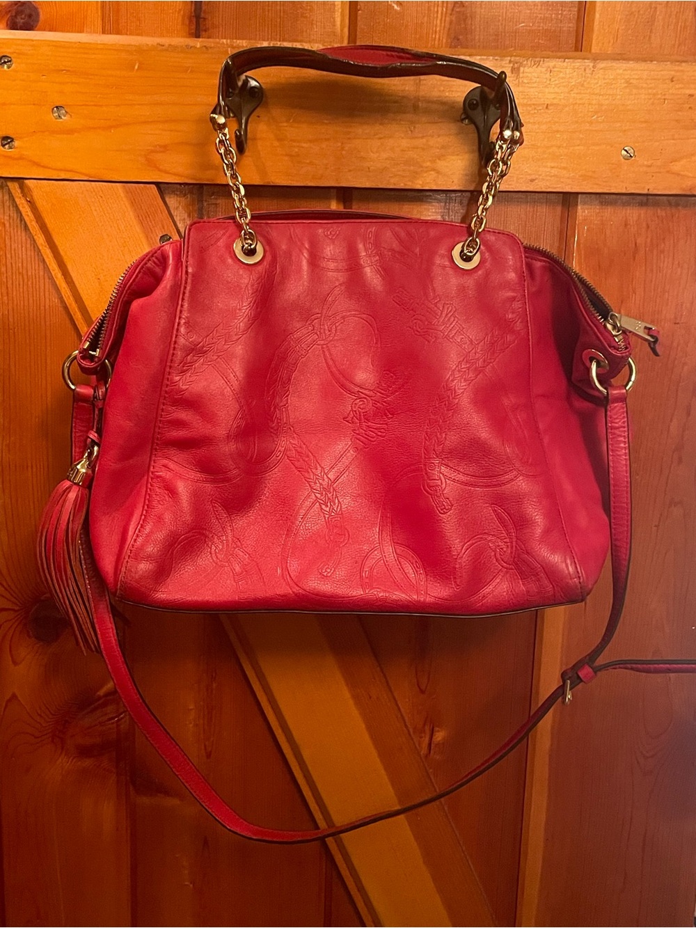 Ralph Lauren Vintage Red Leather Monogrammed Embossed Bag. Two Way Wear- Strap